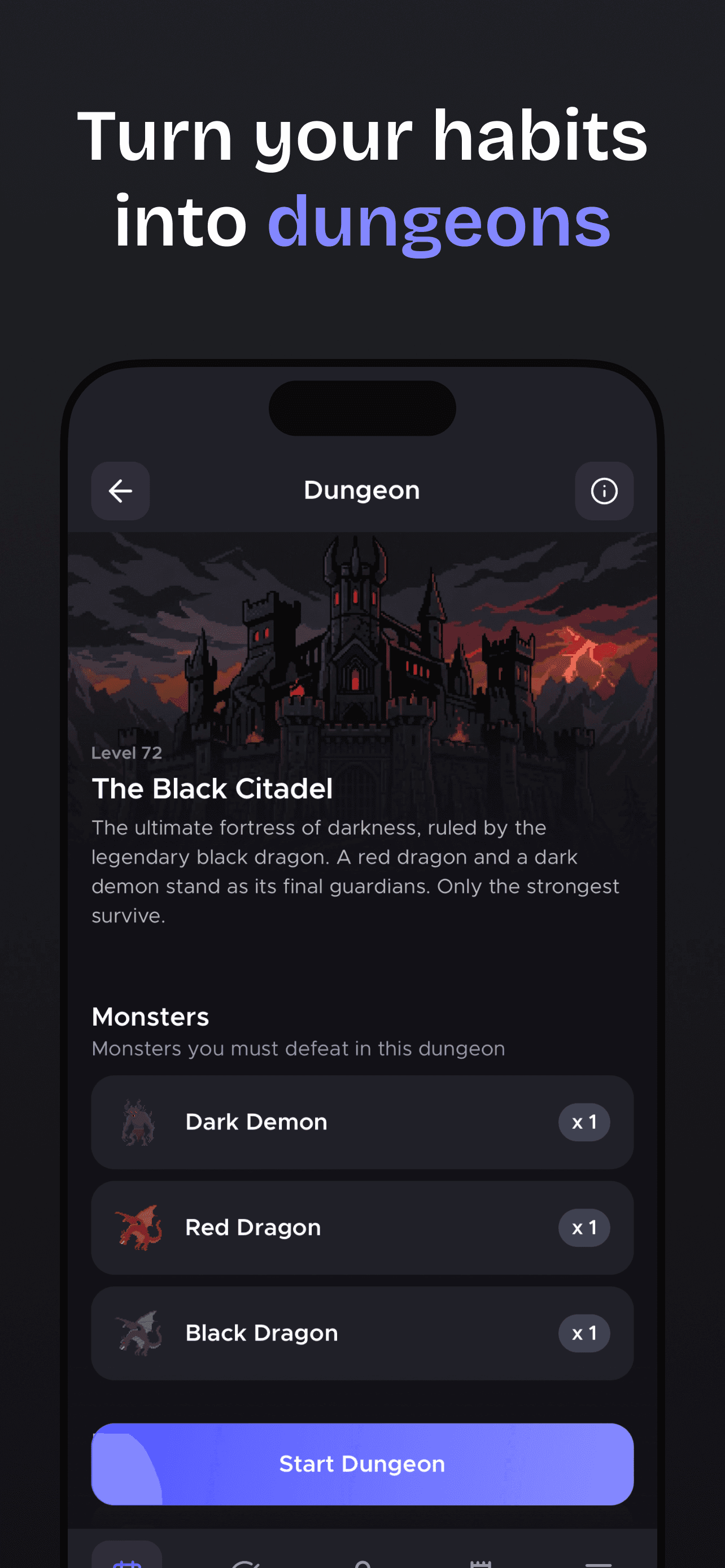 Dungeon mode in Habit Slayer with dragons and boss monsters to defeat