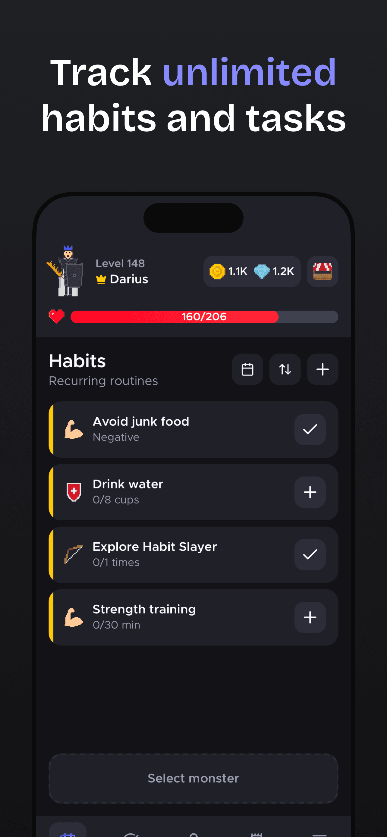 Habit Slayer habit tracker home screen showing daily habits, tasks, and character HP bar