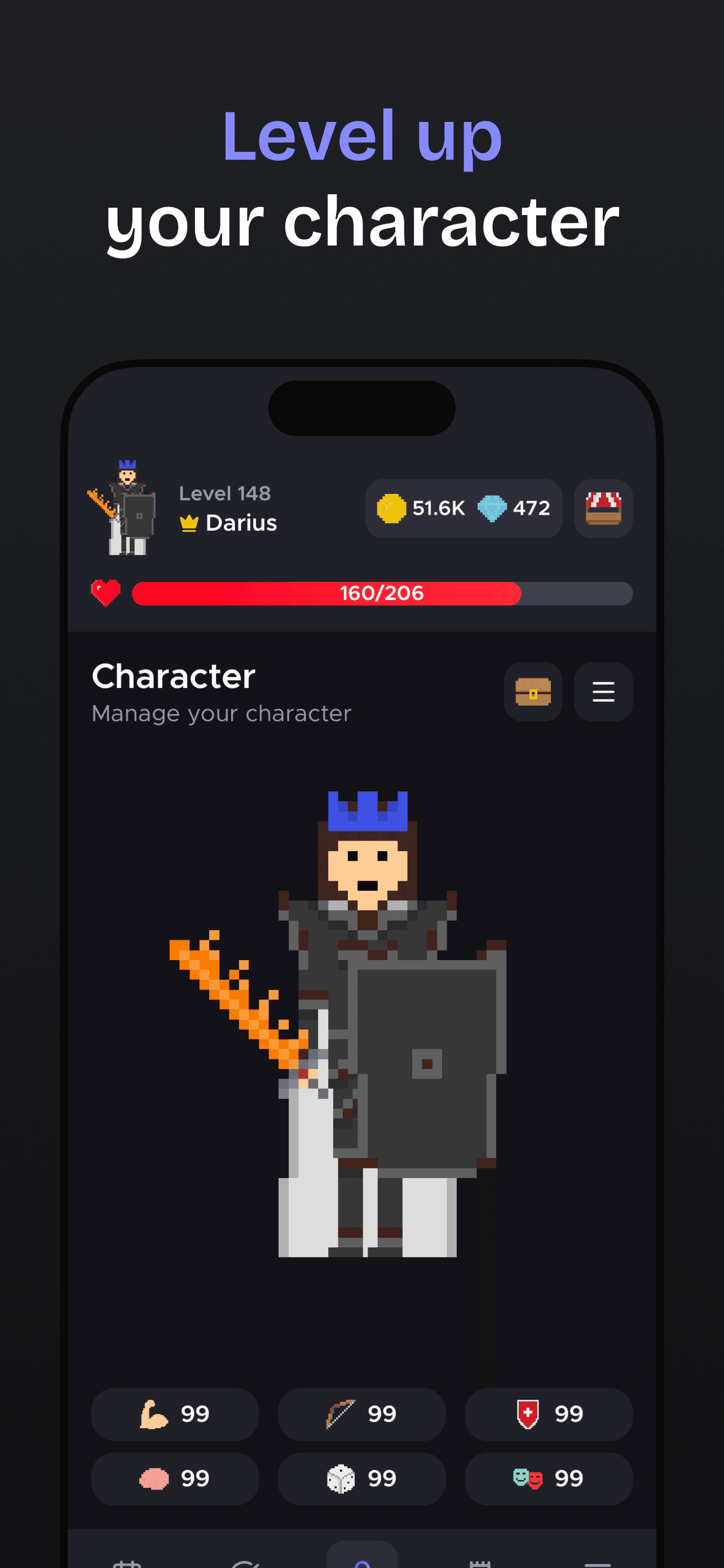 Leveling up an RPG character with gear and attributes by completing habits